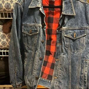 Vintage Denim Jacket with Red Plaid Lining